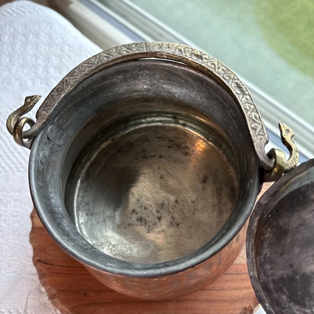Antique Turkish Hand Hammered Copper Cauldron w/ Lid Etched Design Snake Handle